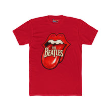Load image into Gallery viewer, Parody t-shirt showing the Rolling Stones tongue and lips logo with The Beatles text written on the tongue