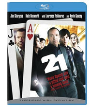 Load image into Gallery viewer, 21 movie Blu-ray and DVD cover art featuring Jim Sturgess, Kevin Spacey, Kate Bosworth, and Laurence Fishburne with playing cards, March 28, 2008.