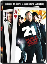 Load image into Gallery viewer, 21 movie Blu-ray and DVD cover art featuring Jim Sturgess, Kevin Spacey, Kate Bosworth, and Laurence Fishburne with playing cards, March 28, 2008.