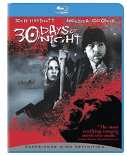 Load image into Gallery viewer, 30 Days of Night movie Blu-ray and DVD cover art featuring Josh Hartnett and Melissa George in a frozen landscape with red blood spray, October 19, 2007.