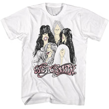 Load image into Gallery viewer, White t-shirt featuring a cartoon caricature of the five Aerosmith band members with pink stylized Aerosmith text below.