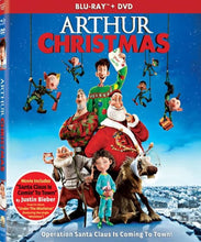 Load image into Gallery viewer, Arthur Christmas Blu-ray Cover Art Featuring Arthur, Santa, and the Claus Family with Mission Elves Against a Snowy Blue Backdrop