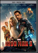 Load image into Gallery viewer, DVD cover of 'Iron Man 3' featuring images of the characters Tony Stark, Pepper Potts, and James Rhodes with Iron Man suits, indicating the action and adventure genre of the movie.