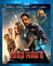 Load image into Gallery viewer, Iron Man 3 movie cover featuring Tony Stark in battle-damaged armor protecting Pepper Potts, with multiple Iron Man suits flying in the background.