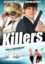 Load image into Gallery viewer, Killers movie cover featuring Katherine Heigl adjusting sunglasses and Ashton Kutcher holding a handgun against a bright blue sky.