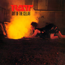 Load image into Gallery viewer, Ratt Out of the Cellar Album Cover Tawny Kitaen 40th Anniversary Red Splatter Vinyl with Orange 7 Inch Single