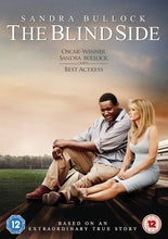 Load image into Gallery viewer, The Blind Side alternate movie cover featuring Sandra Bullock and Quinton Aaron sitting together on a stadium bleacher at sunset, with text highlighting the 2009 Best Actress Oscar win.
