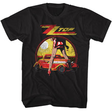 Load image into Gallery viewer, ZZ Top Legs T-Shirt in Black Featuring a Vintage Graphic of the Eliminator Hot Rod and Red High Heels