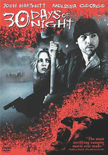 Load image into Gallery viewer, 30 Days of Night movie Blu-ray and DVD cover art featuring Josh Hartnett and Melissa George in a frozen landscape with red blood spray, October 19, 2007.