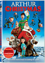 Load image into Gallery viewer, Arthur Christmas DVD Cover Art Featuring Arthur, Santa, and the Claus Family with Mission Elves Against a Snowy Blue Backdrop