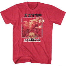 Load image into Gallery viewer, Z Top Degüello T-Shirt in Heather Red Featuring Album Cover Art with a Skull and Battle Flag Graphic
